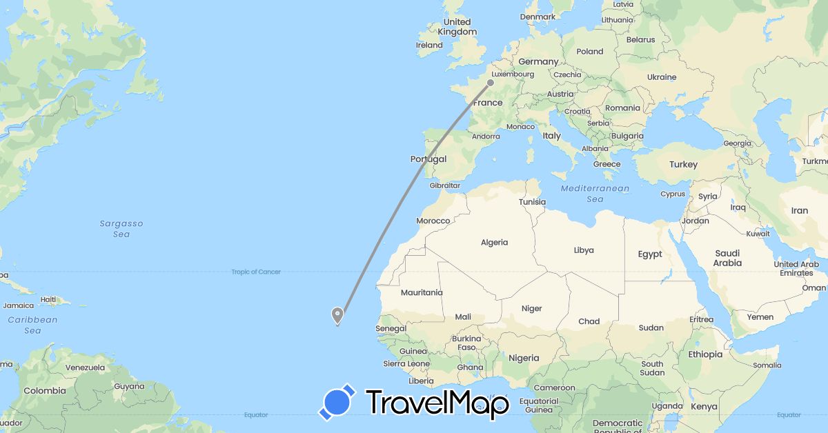 TravelMap itinerary: driving, plane in Cape Verde, France, Portugal (Africa, Europe)